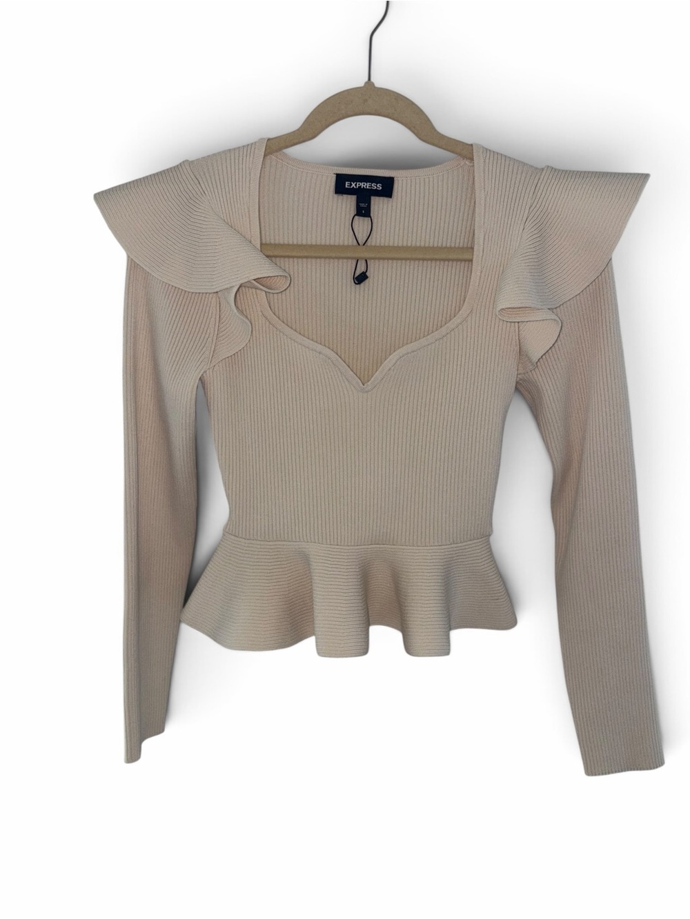 Ribbed Sweetheart Neckline Ruffle Peplum Sweater- S